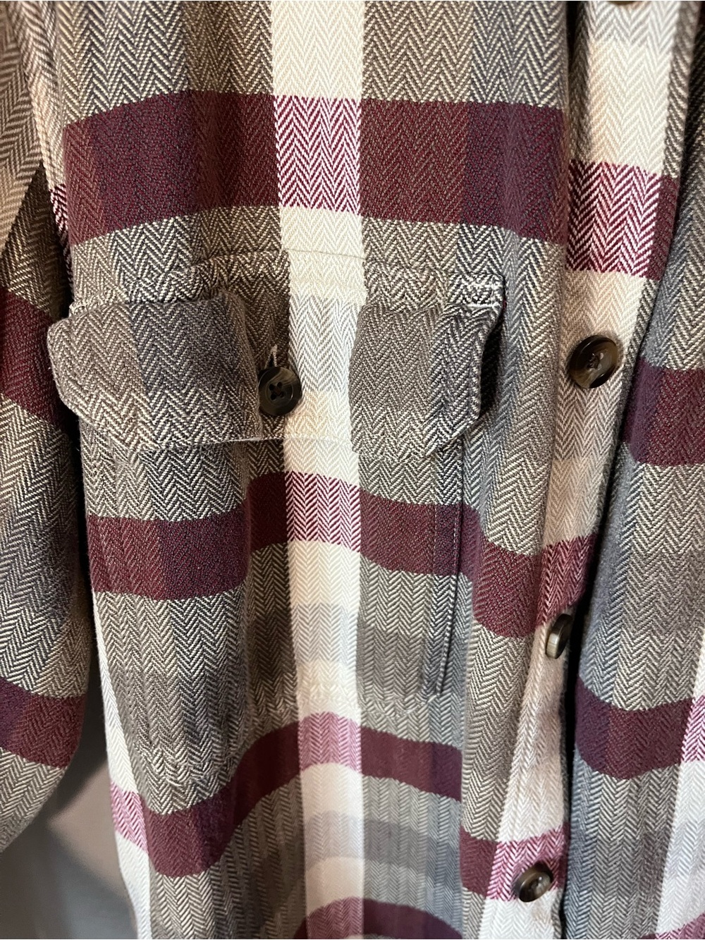 Woolrich Mens M Herringbone Plaid Flannel Shirt Burgundy Gray Heritage Outdoor - Picture 3 of 11